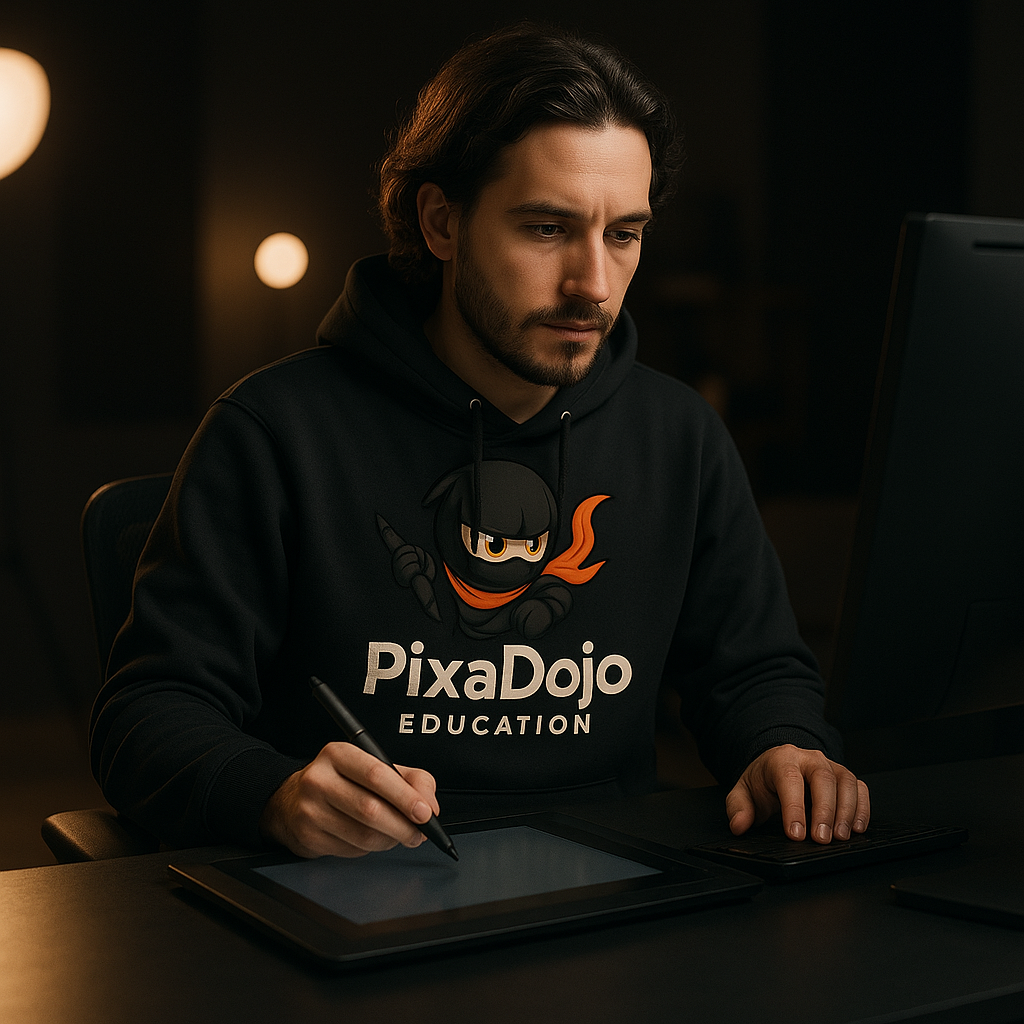 Artist wearing PixaDojo hoodie while drawing on a tablet